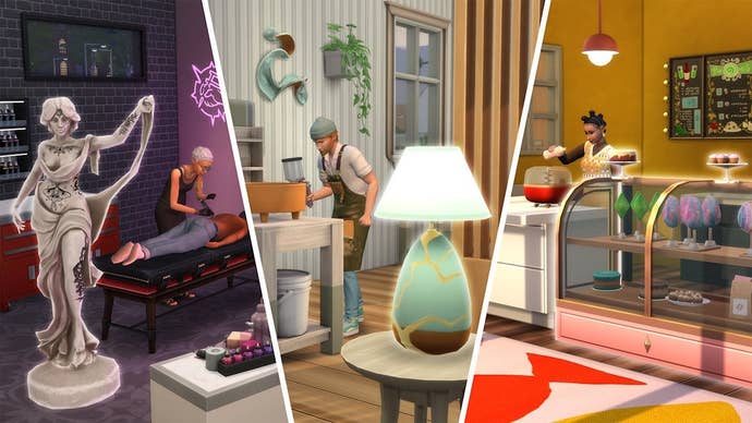 A screenshot split across three different businesses (tattoo parlour, pottery studio, bakery) in The Sims 4’s Businesses & Hobbies expansion.