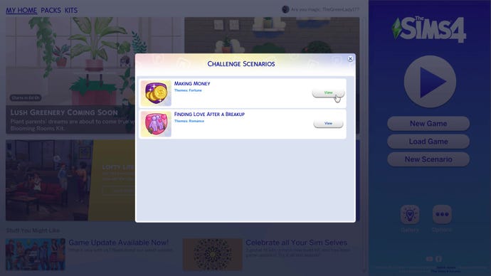 The Scenario selection pop-up in The Sims 4’s main game menu.