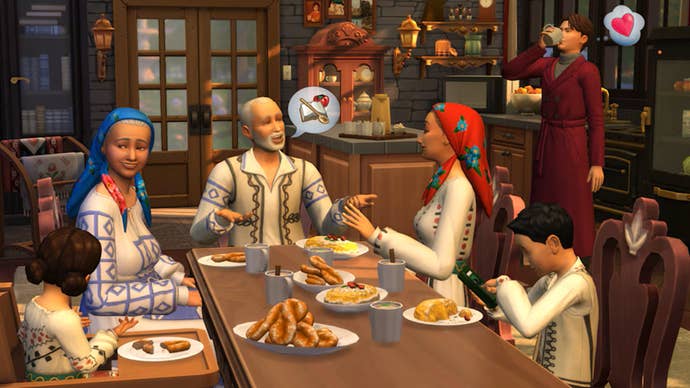 A multigeneration Sim family sit down to a festive meal together.