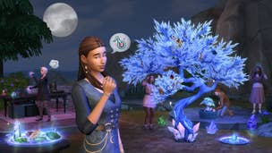The Sims 4 - explore a moonlit garden with crystal growths and oddly glowing trees shining bright colors.