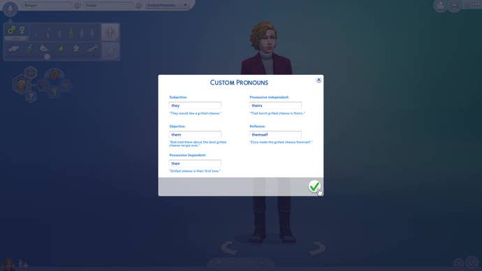 The Sims 4’s Create-A-Sim, opened to the cutomisable pronoun free entry text boxes pop-up. Here you can add neopronouns or anything else not included on the default list, with examples to help you conjugate your choices.