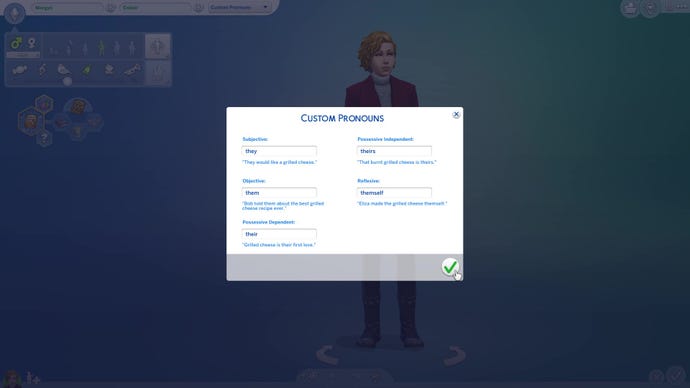 The Sims 4’s Create-A-Sim, opened to the cutomisable pronoun free entry text boxes pop-up. Here you can add neopronouns or anything else not included on the default list, with examples to help you conjugate your choices.