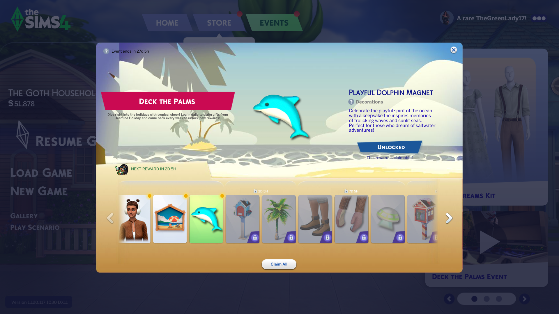 The Events tab in The Sims 4, open to show the Deck the Palms reward list. Highlighted is a Playful Dolphin Magnet. - 3