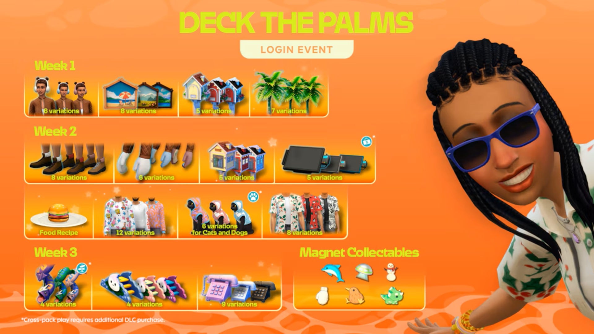 The Sims 4 Deck the Palms event rewards visual list showcases a variety of clothing and décor items next to a smiling Sim in sunglasses. - 4