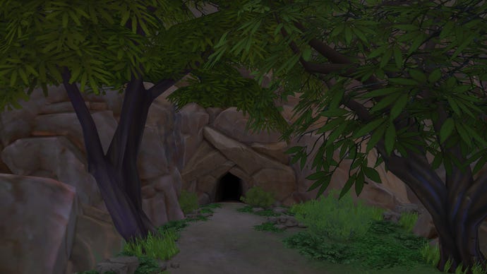 A dark and spooky cave entrance in The Sims 4 Horse Ranch.