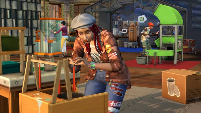 Sims upcycling and crafting in a large eco-friendly community space.