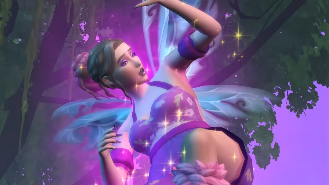 A female Sim appears bewildered as she's lifted into the air by a glowing purple light and gifted wings in The Sims 4 Enchanted by Nature. - 1