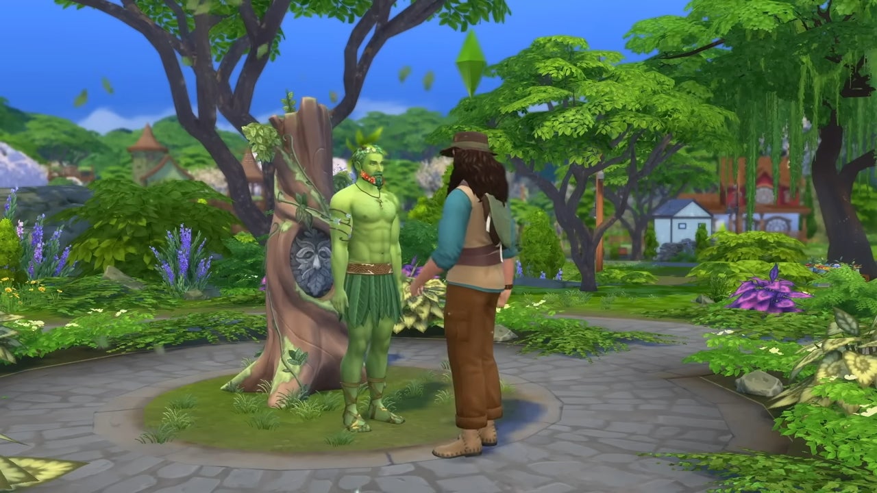The green-skinned and barely-dressed Spruce Almighty speaks with a male Sim in front of their gnarled and carved summoning tree in The Sims 4 Enchanted by Nature. - 5