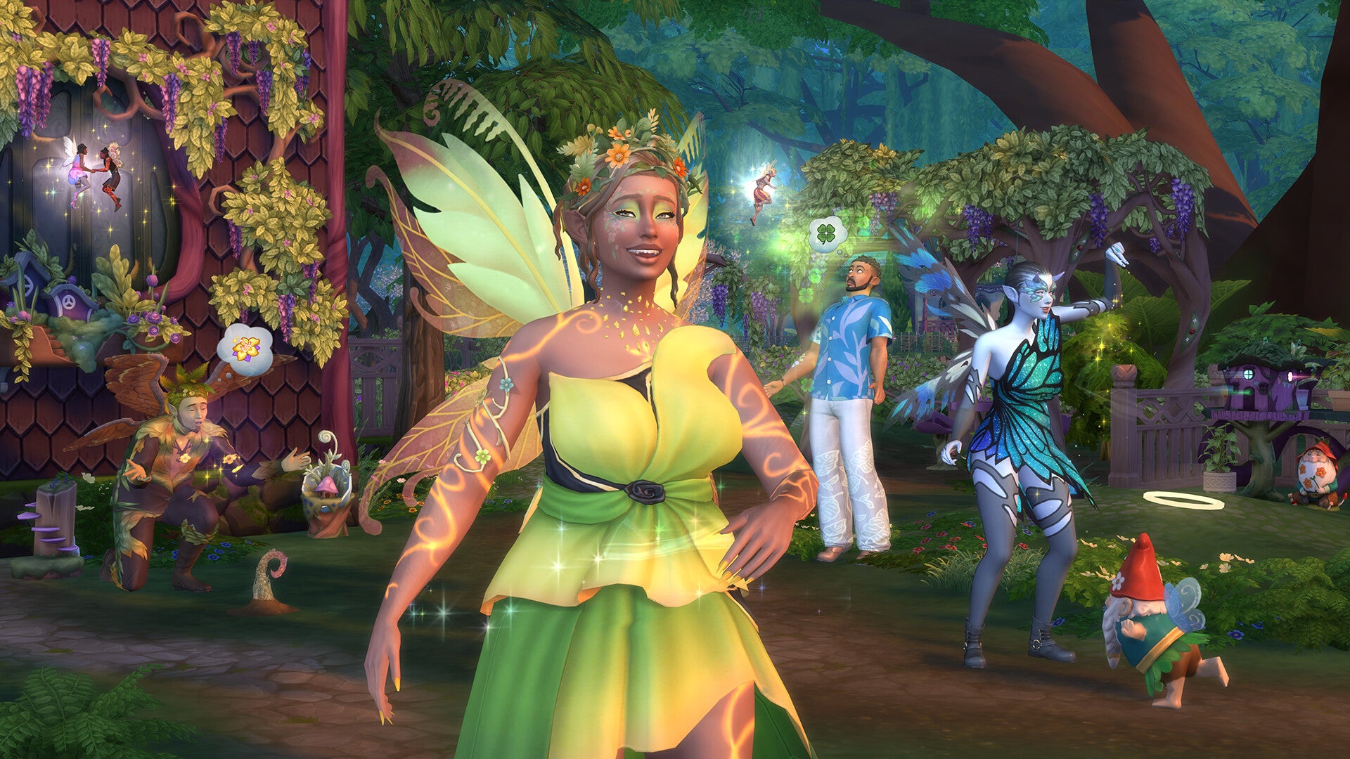 A group of Sim fairies show off their magical glows in a fantastical garden in The Sims 4. - 1