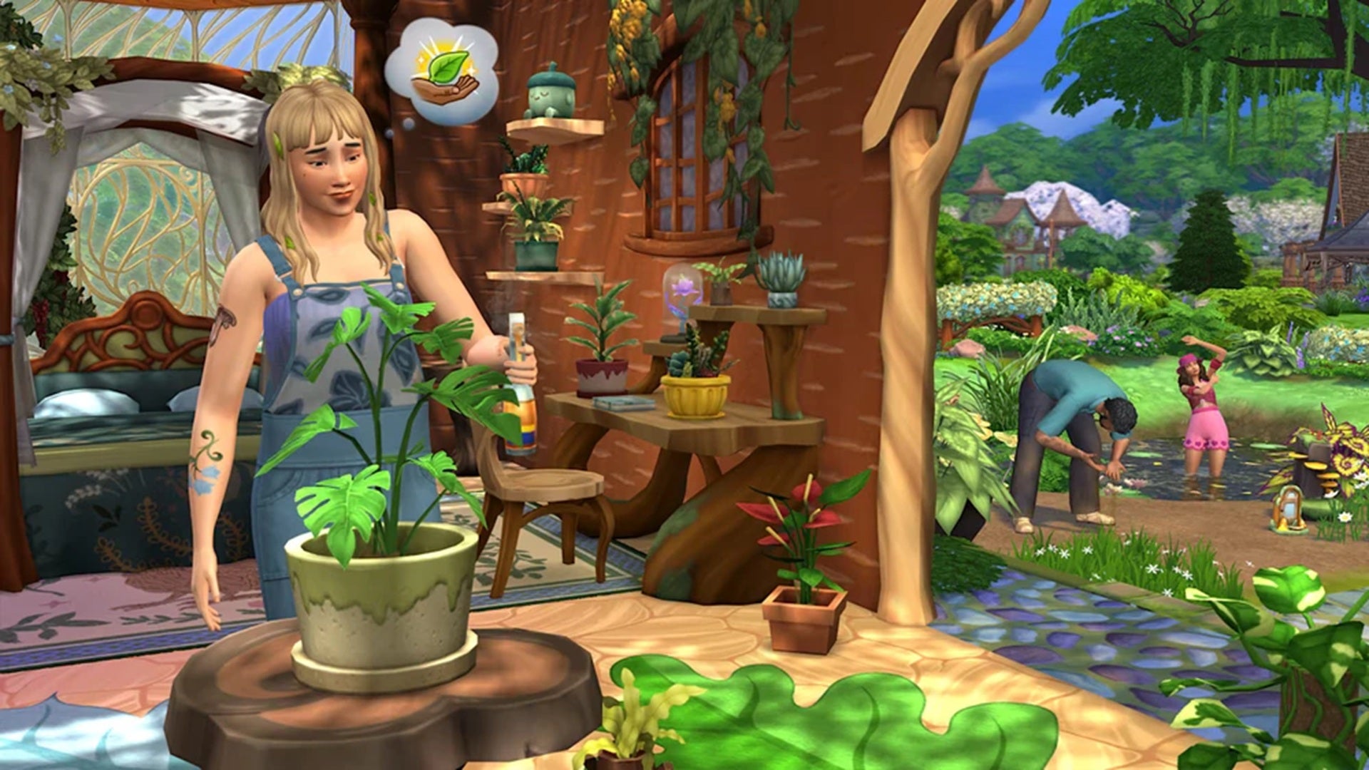 A feminine Sim tends a plant in an airy greenhouse with a rustic, fantastical archway leading out to a wild garden in which other Sims are tending to plants and bathing in a pond. - 1