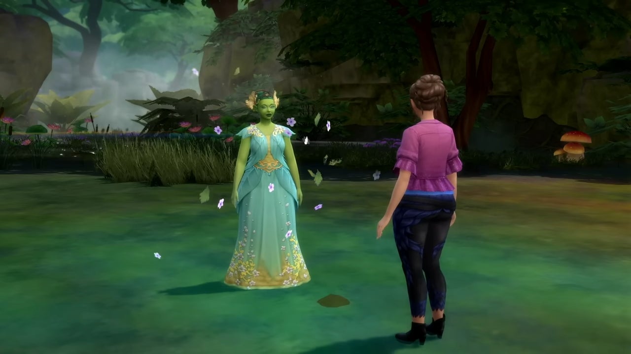 Mother Nature, a green-skinned elfish female Sim, appears before a human female Sim in a shower of leaves and petals in a forest glade in The Sims 4 Enchanted by Nature. - 4