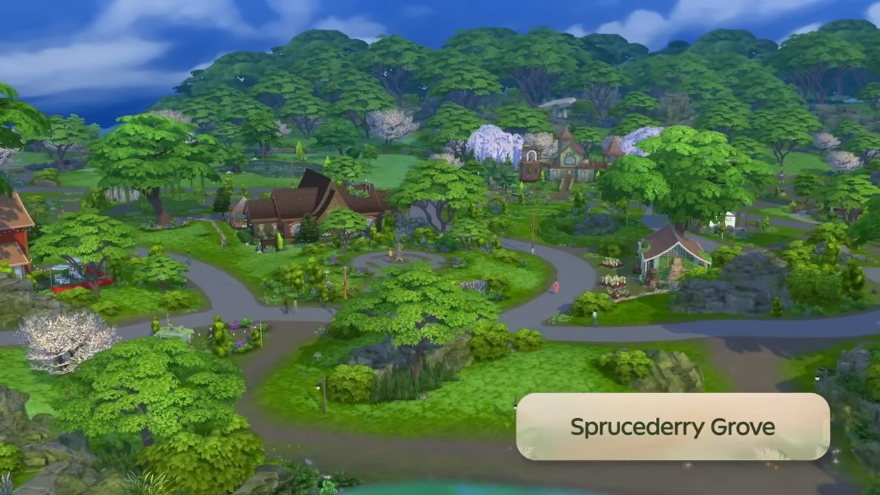 The neighbourhood of Sprucederry Grove in Innesgreen from The Sims 4 Enchanted by Nature; a vibrant green rural hamlet with paths winding between scattered cottages. - 3
