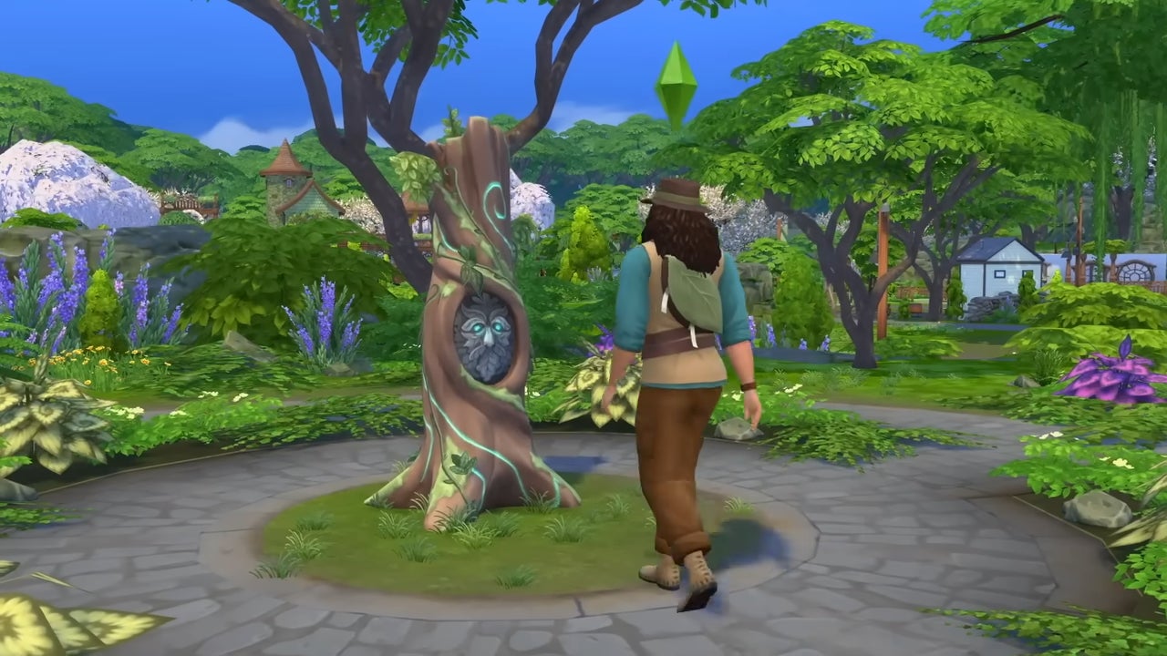 A male Sim is seen from behind walking towards a Green Man statue carved into a gnarled tree trunk in The Sims 4 Enchanted by Nature. - 4