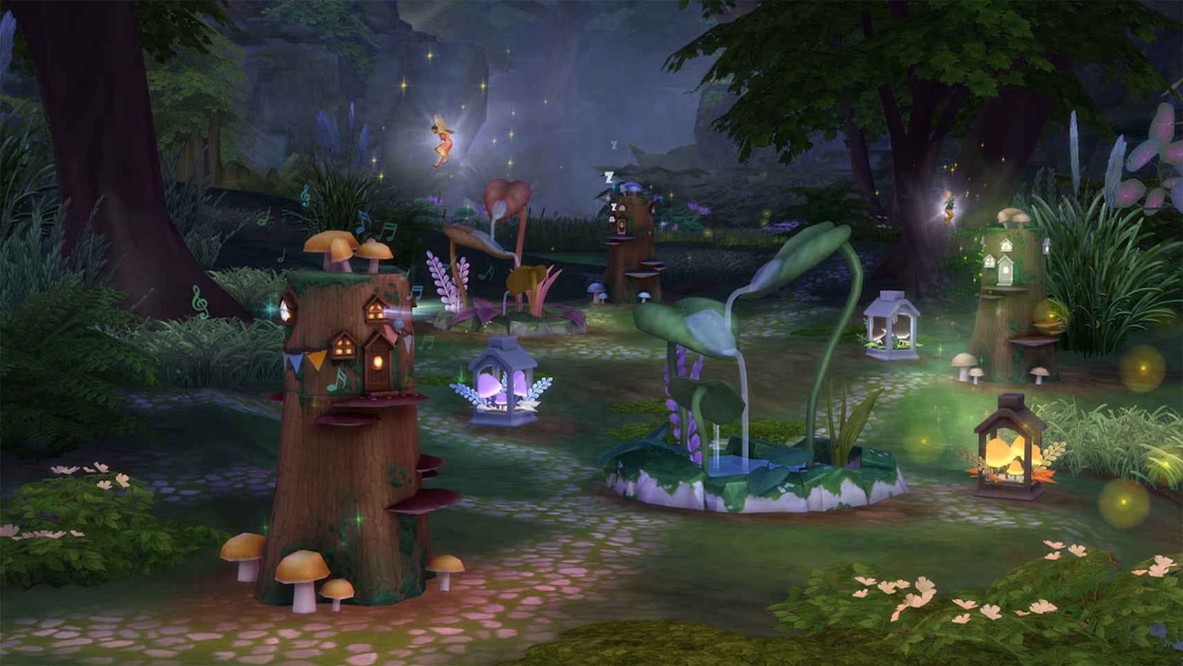 A woodland scene at night, with numerous multi-coloured lights in among tree stumps. Small fairy Sims can be seen flying between miniature houses among the foliage. - 1