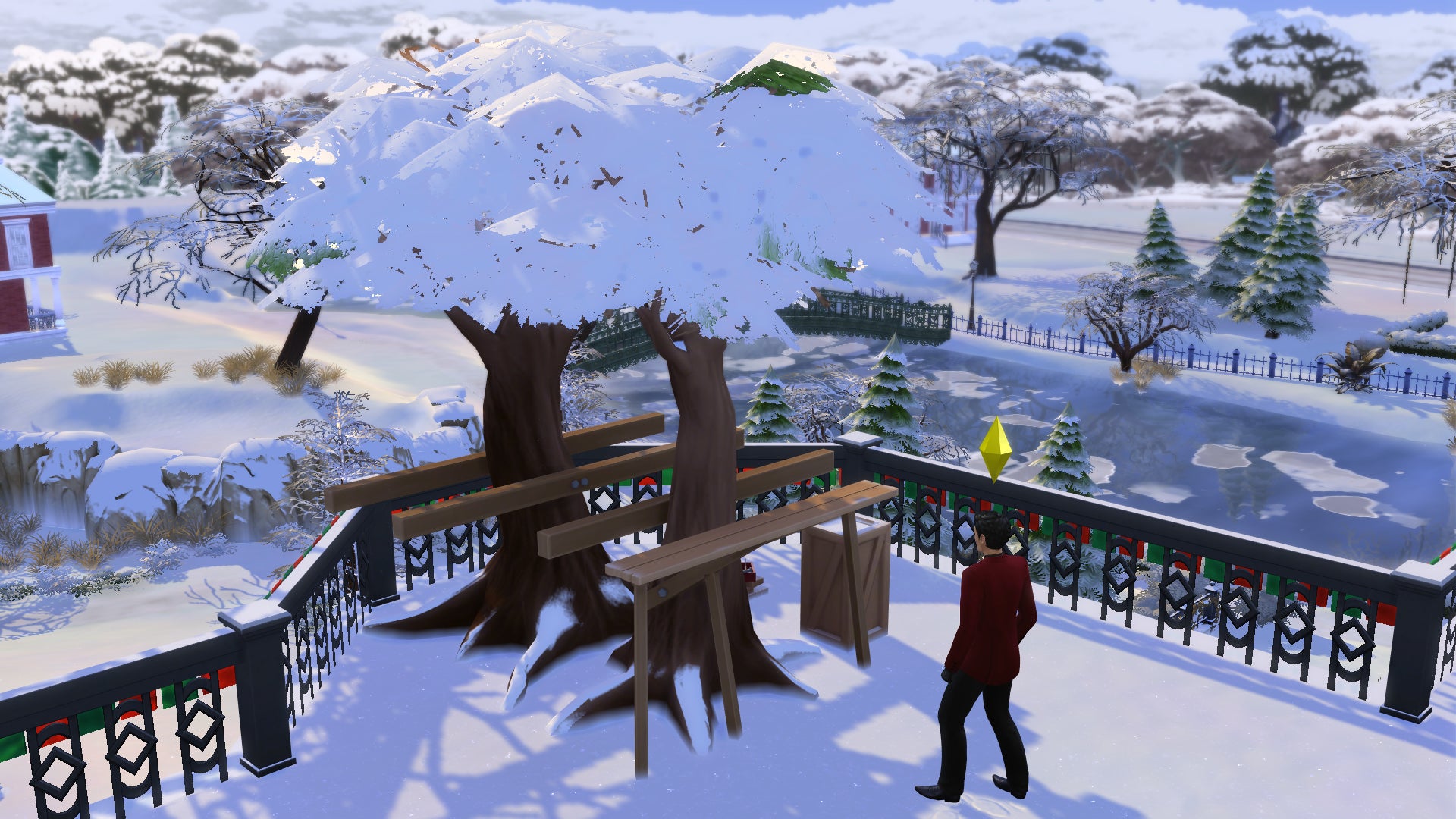 Mortimer Goth builds a foreshortened treehouse on the roof of Goth Manor in the snow in The Sims 4. - 11