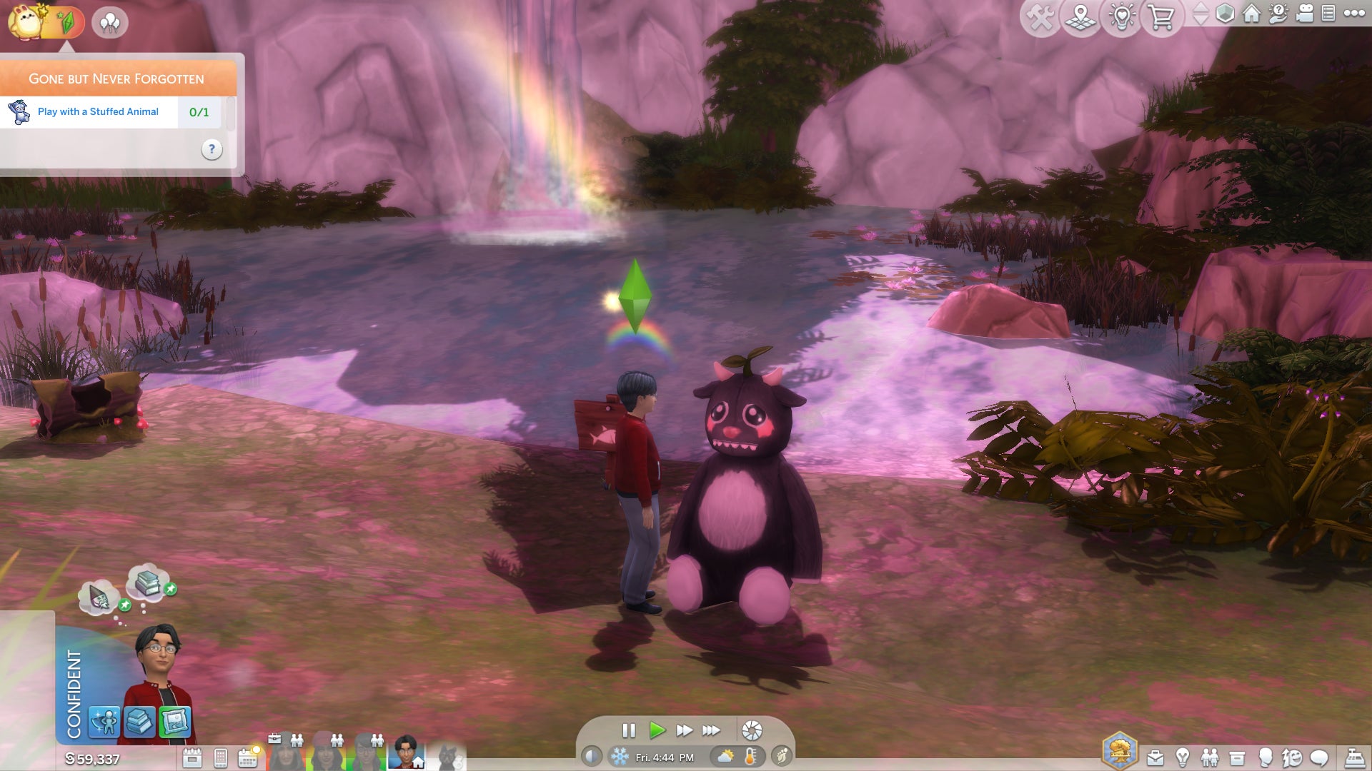 Alexander Goth and Pixel the stuffed toy have a conversation by the side of the waterfall pond in Sylvan Glade in The Sims 4. - 10