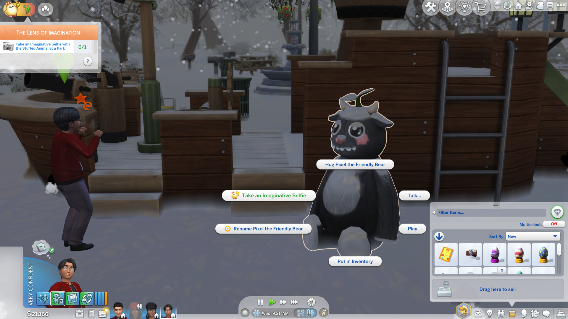 The Sims 4's Alexander Goth stands in front of a pirate ship playground in a snowy park and prepares to take a picture of his giant stuffed animal friend. - 6