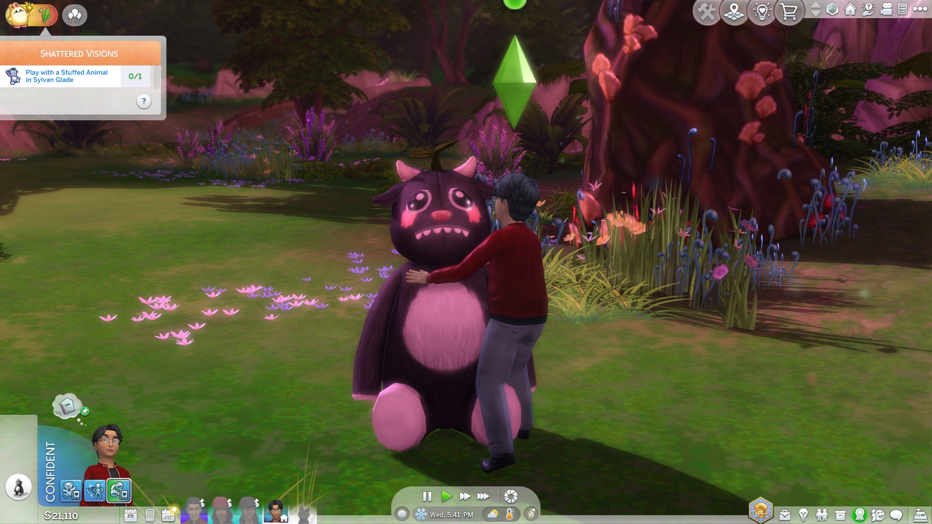 The Sims 4's Alexander Goth hugs his giant stuffed animal friend in the pastel lighting of the Sylvan Glade hidden area. - 7