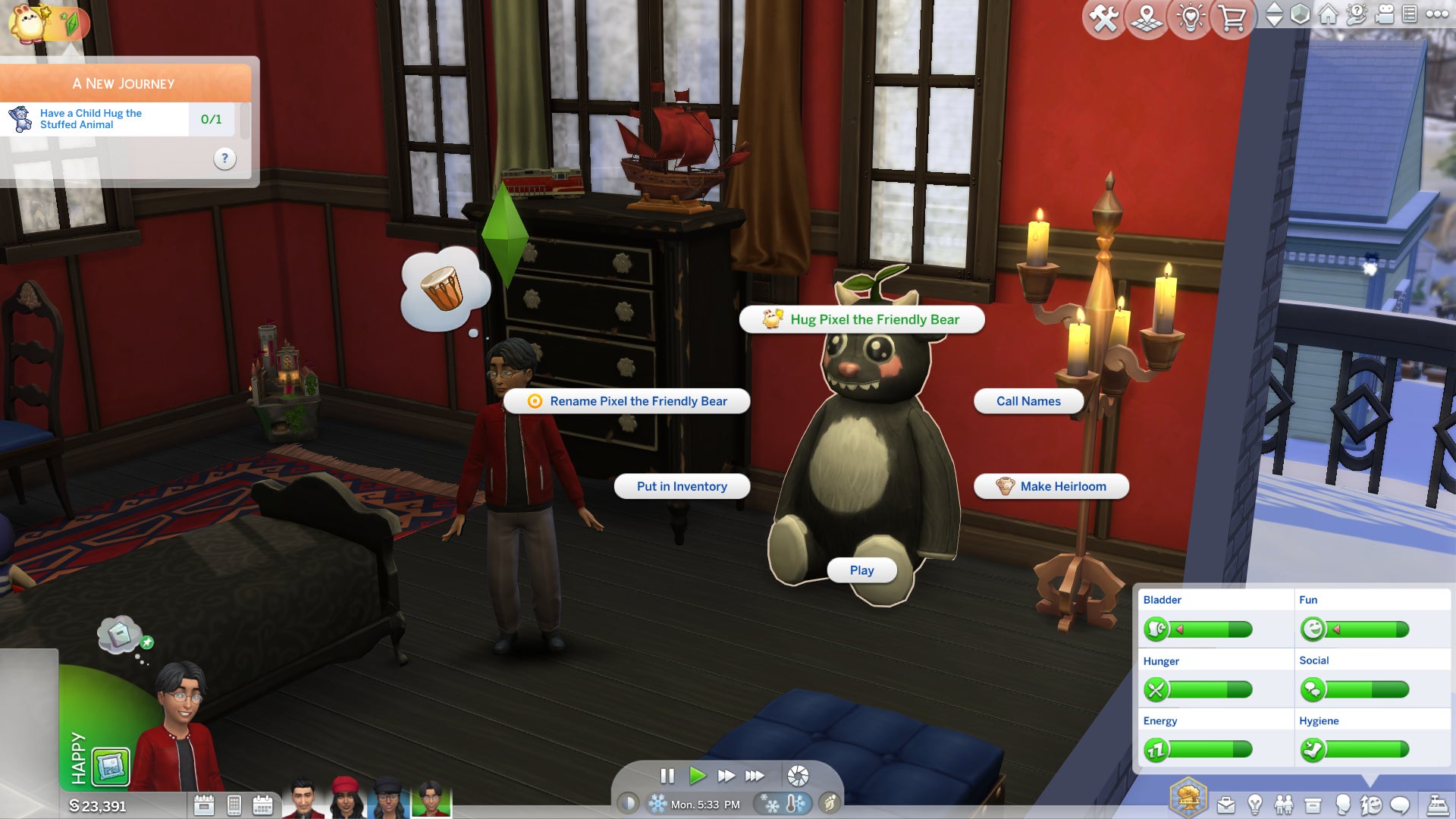 A child Sim (Alexander Goth) and his Pixel the Friendly Bear plushie in The Sims 4. This screenshot shows Alex approaching Pixel for a hug after purchasing it. - 4