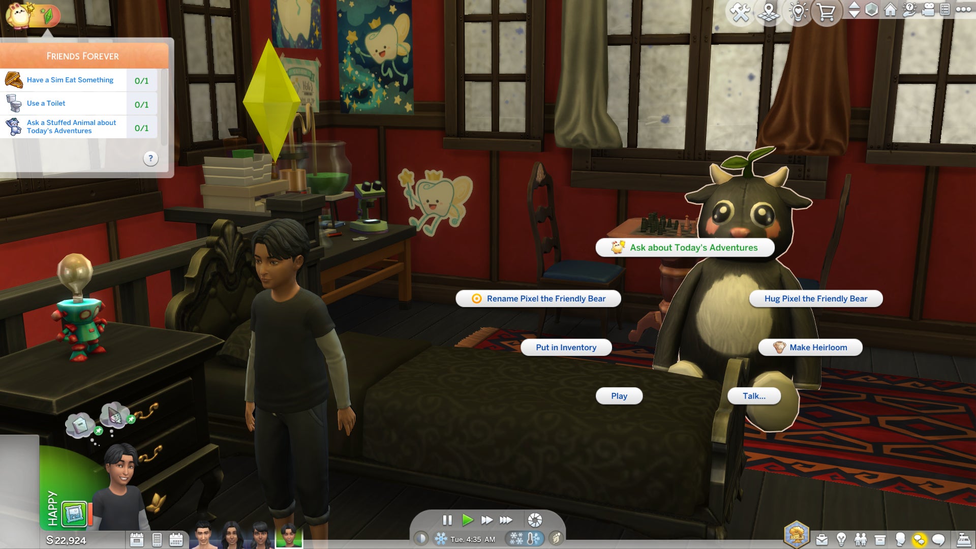 A child Sim (Alexander Goth) and his Pixel the Friendly Bear plushie in The Sims 4. This screenshot shows Alex getting out of bed and approaching the bear to ask it about their plans for the day. - 5