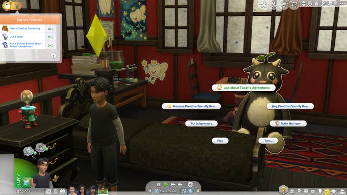 A child Sim (Alexander Goth) and his Pixel the Friendly Bear plushie in The Sims 4. This screenshot shows Alex getting out of bed and approaching the bear to ask it about their plans for the day.