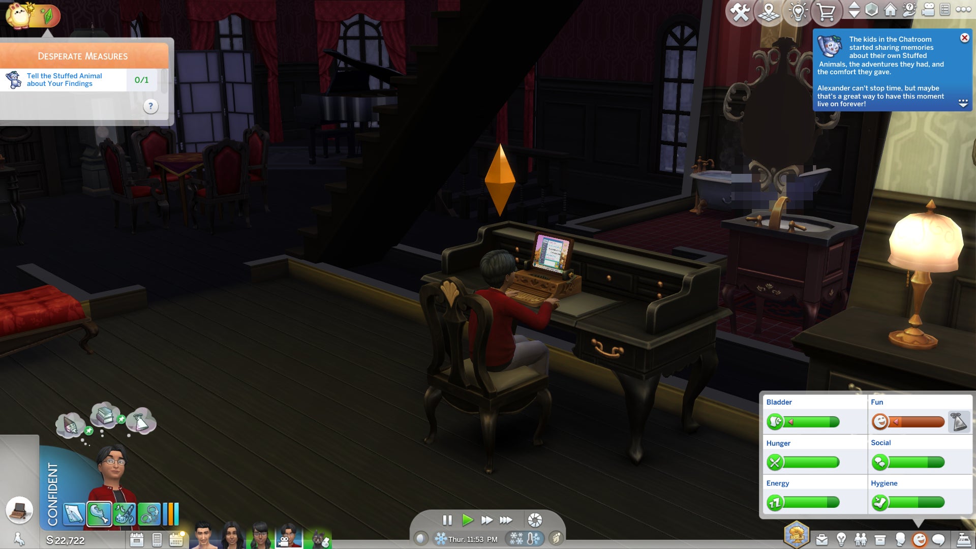Alexander Goth plays on a computer styled as a typewriter in the Goth home in The Sims 4. - 8