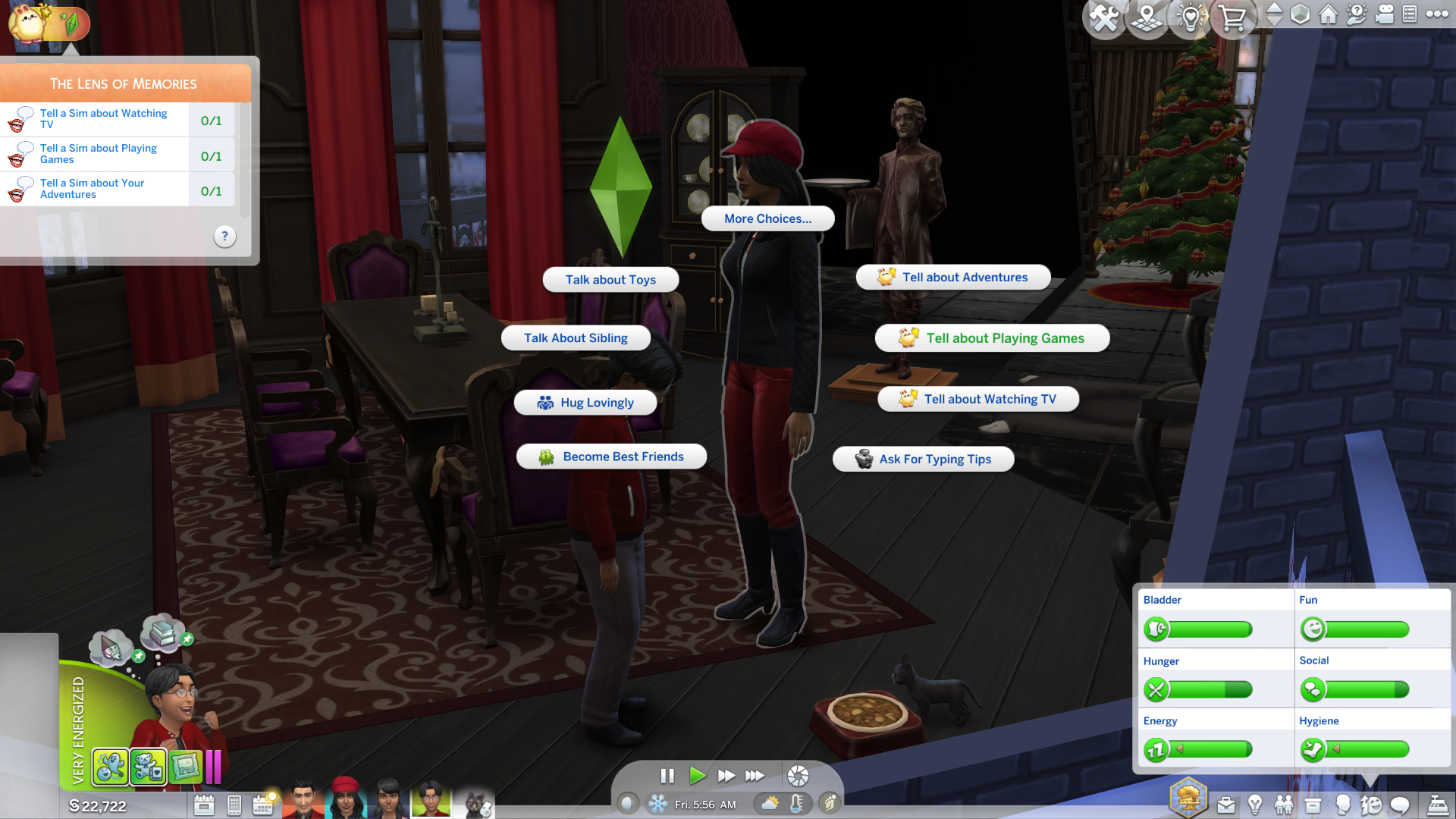 Bella and Alexander Goth have a conversation in The Sims 4, with the pie menu showing unique dialogue options related to the Forever Friends event. - 9