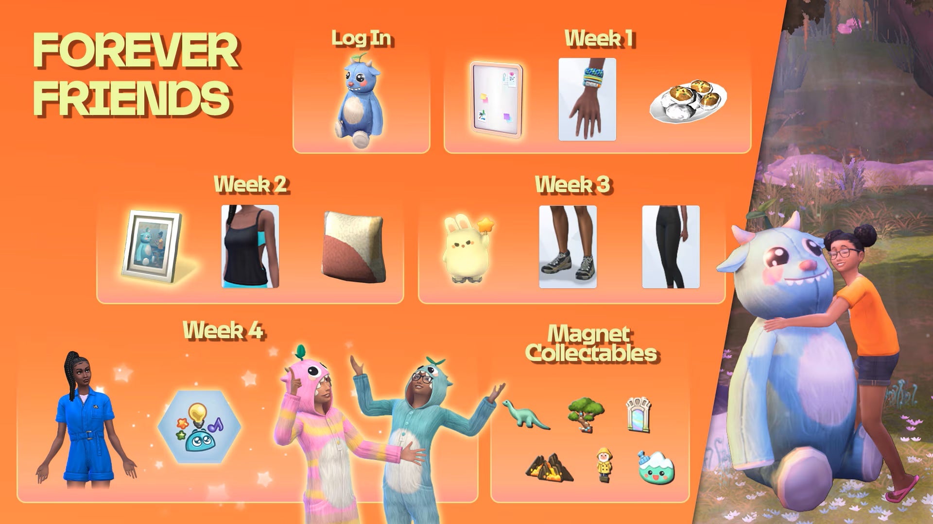 The bright orange event map for The Sims 4 Forever Friends event shows various toys, clothes, and other rewards, alongside a still of a child Sim hugging her life-sized stuffed animal. - 12