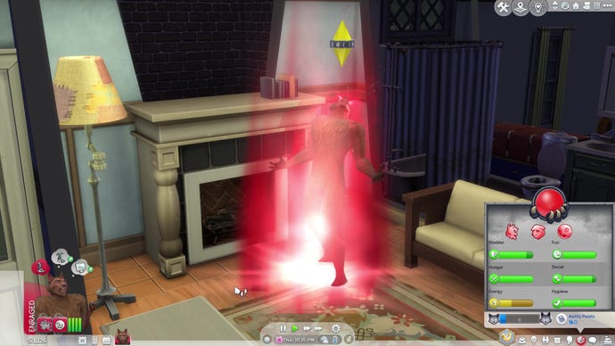 A werewolf Sim transforms under the influence of the full moon in The Sims 4: Werewolves.