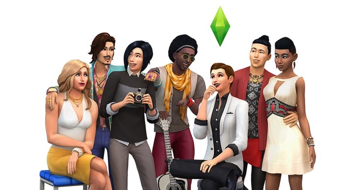 A render originally released to demonstrate The Sims 4's new gender customisation options in 2016. It shows seven Sims with a wide variety of gender expressions reflected in their hair, clothing, and body types.
