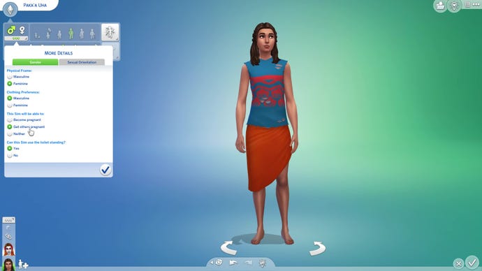 The Sims 4 Create-A-Sim, displaying the gender identity customisation tab. From here you can define your Sim’s preferences in terms of gender expression, and how they’re set up biologically.