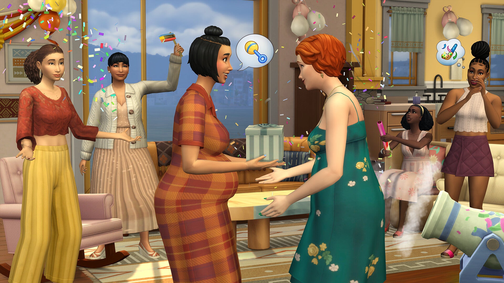 A visibly pregnant Sim receives gifts from several other women at a baby shower thrown in The Sims 4 Growing Together.