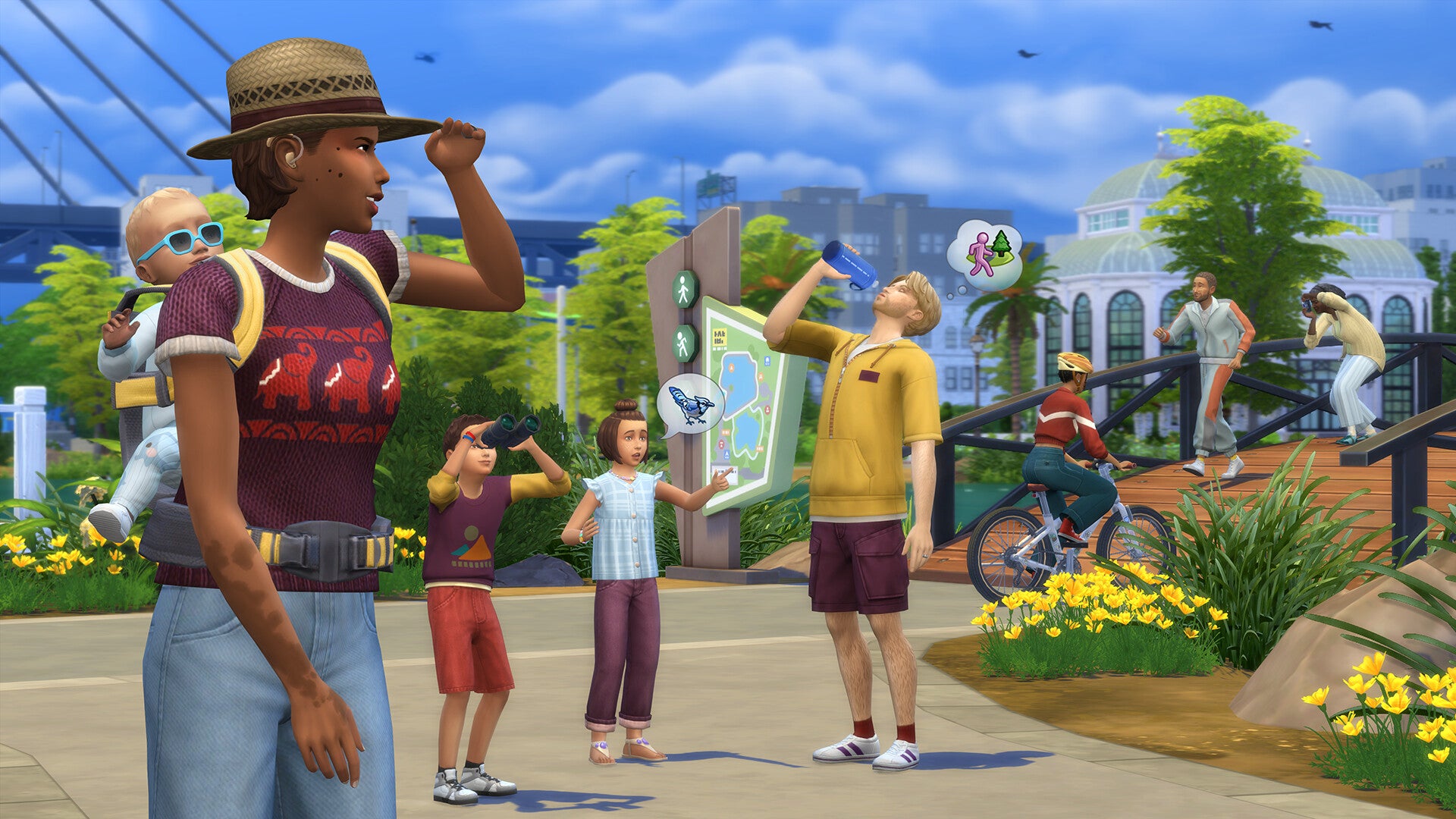 A family of Sims, including an infant in a harness, hike together through a city park in The Sims 4 Growing Together. - 1