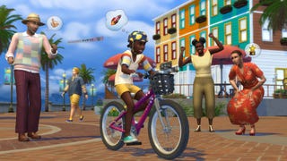 A child Sim rides a bike down a city street encouraged by nearby adults in The Sims 4 Growing Together.