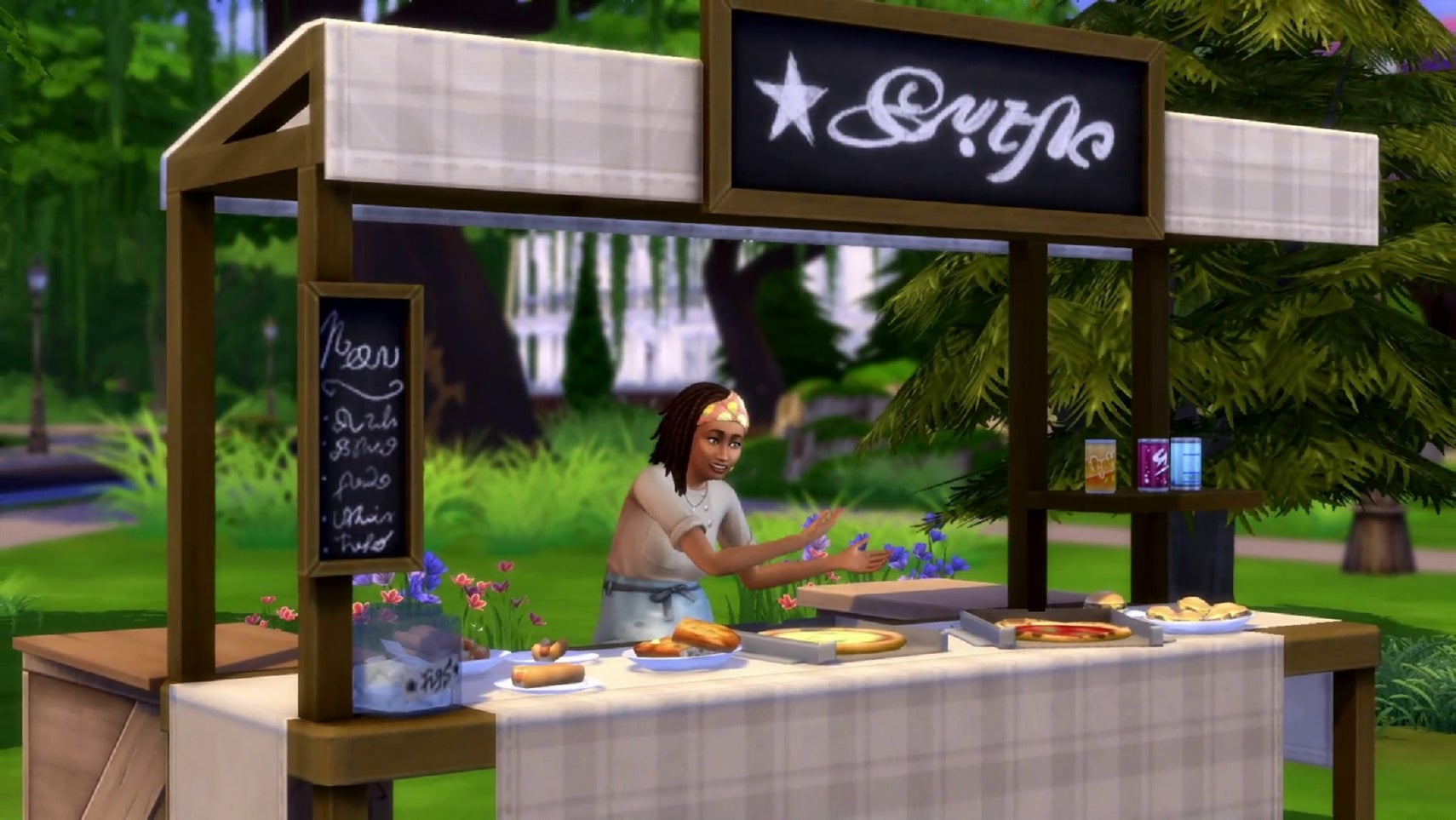A Sim attends a stall in an outdoor park area that showcases their home-baked goods for sale. - 1