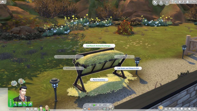 An animal feeder in a field in The Sims 4 Horse Ranch, with a pie menu of interaction options highlighted.