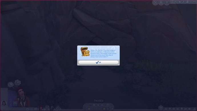 A text pop-up describes a Sim named Alyson being bitten by a snake after opening a treasure chest while exploring the Dreadhorse Caverns in The Sims 4 Horse Ranch.