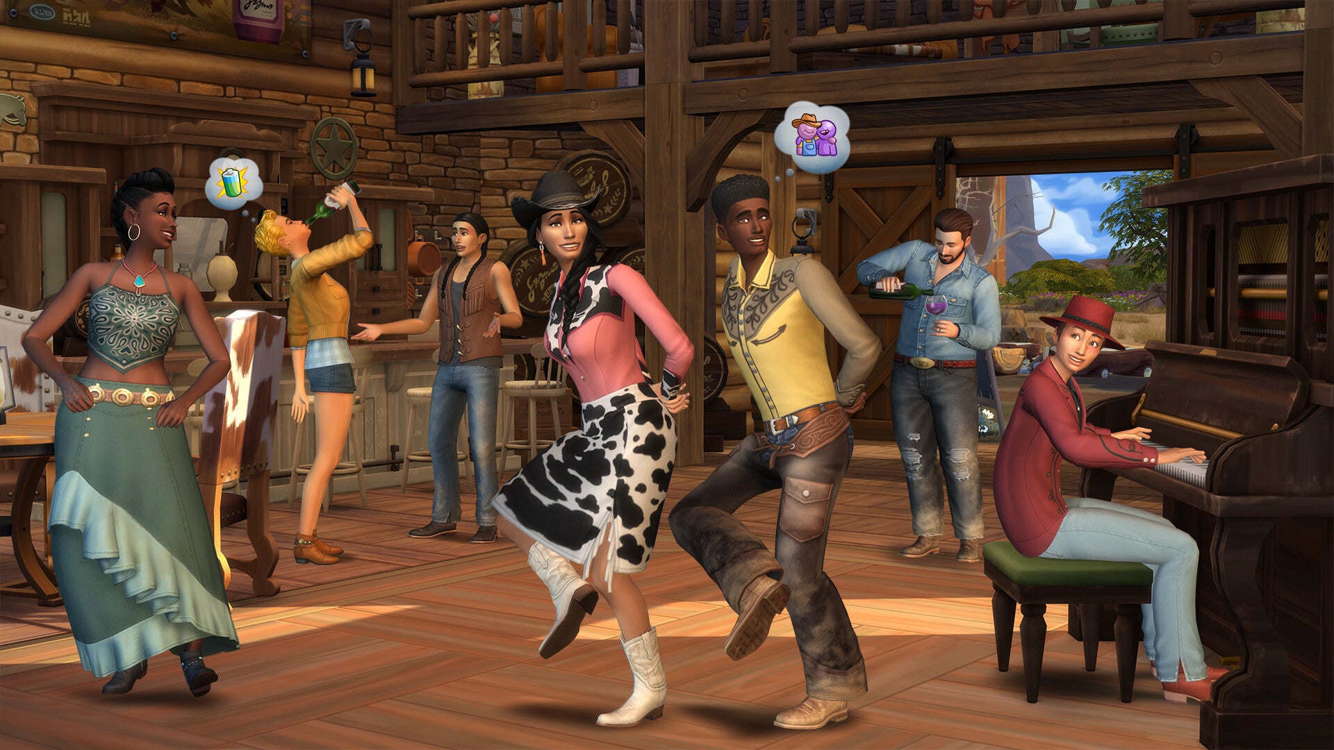 A group of Sims perform a cowpoke dance in a rustic-looking barn as one character plays piano in The Sims 4 Horse Ranch. - 4