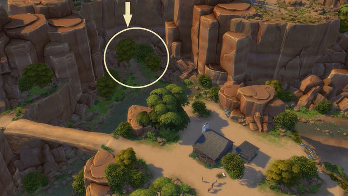 A map of a rocky area in The Sims 4, showing a house on an outcropping above a riverbed. A yellow circle and arrow indicate the path to Dreadhorse Cavern near the top of the image.