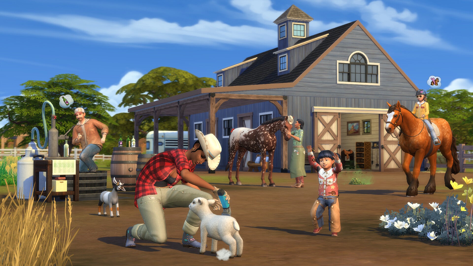 A Sim family outside of their ranch home, engaging in various activities: a mustachioed man crushes fruit with his feet to make nectar; a mini goat watches a woman in a cowboy hat shearing a mini sheep; a woman in cowboy boots pets a horse; a toddler dances; a child rides a second horse past the barn. - 1