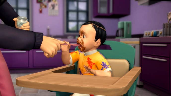 A baby eats baby food in The Sims 4’s new, free infants update.