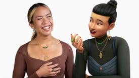 A model wearing the official Sims 4 plumbob jewellery, next to a sim wearing the same