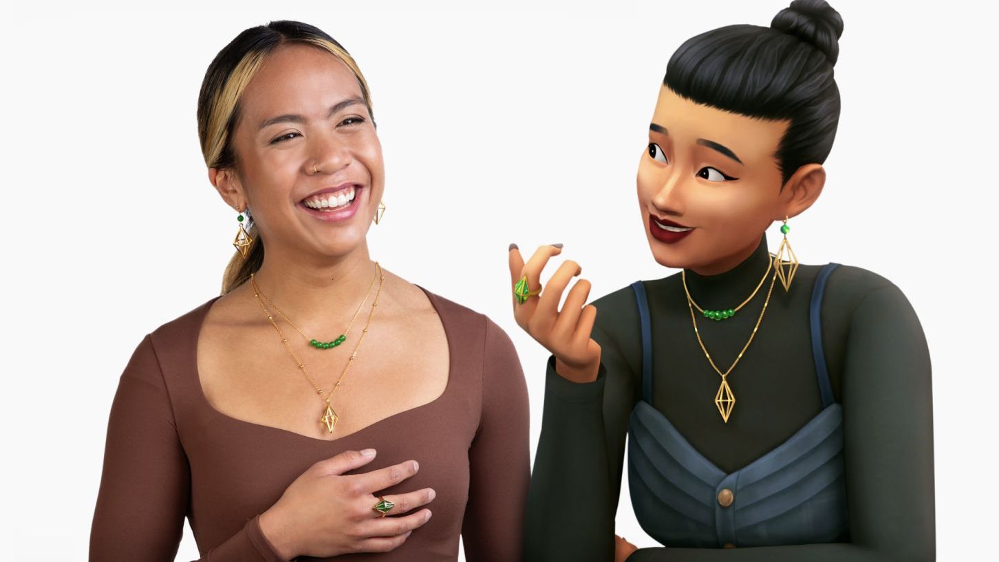 A model wearing the official Sims 4 plumbob jewellery, next to a sim wearing the same - 1