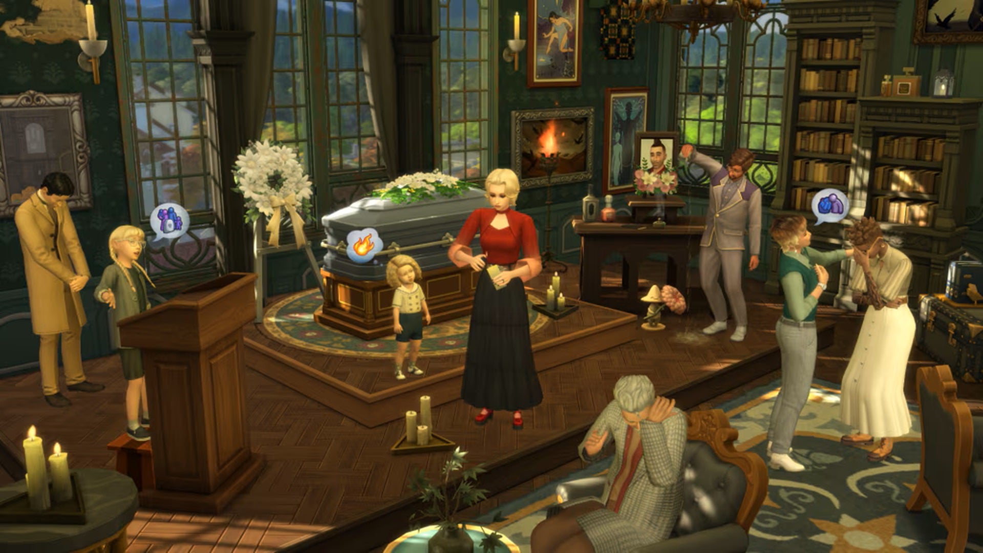 A group of Sims participate in a funeral service inside a well-appointed mortuary. - 4