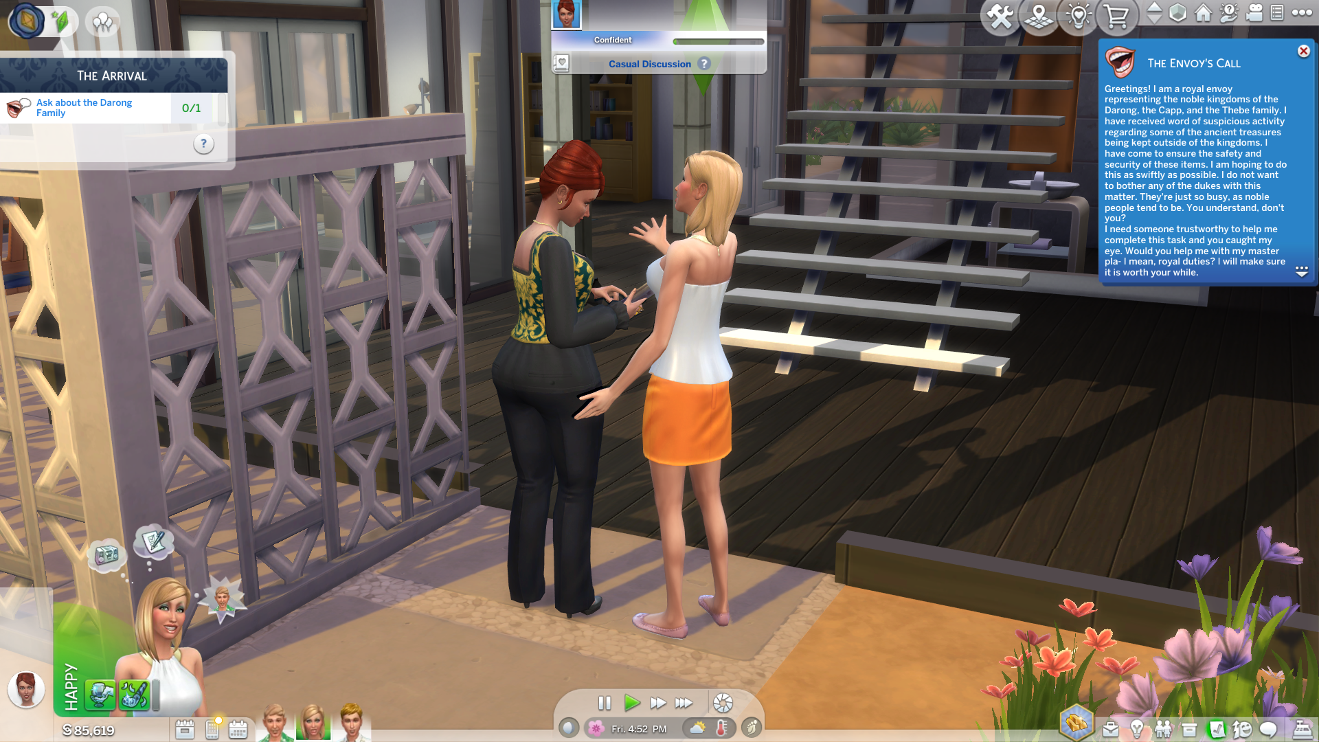 Two Sims stand at the doorway of a home and have a discussion in The Sims 4. A dialogue box recounts their long conversation about royal dynasties as part of the Lost Legacies event. - 4