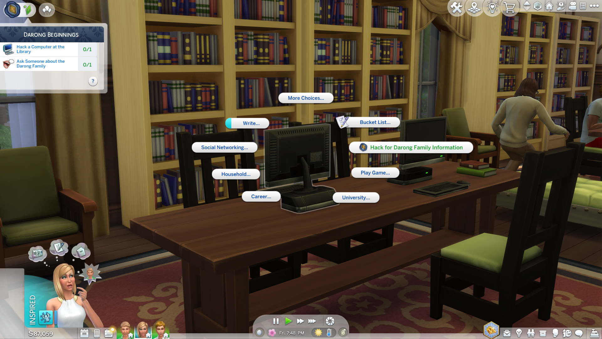 A desktop computer in a public library in The Sims 4. A pie menu of many interactive options is displayed around it, including a hacking option with the Lost Legacies event logo next to it. - 5