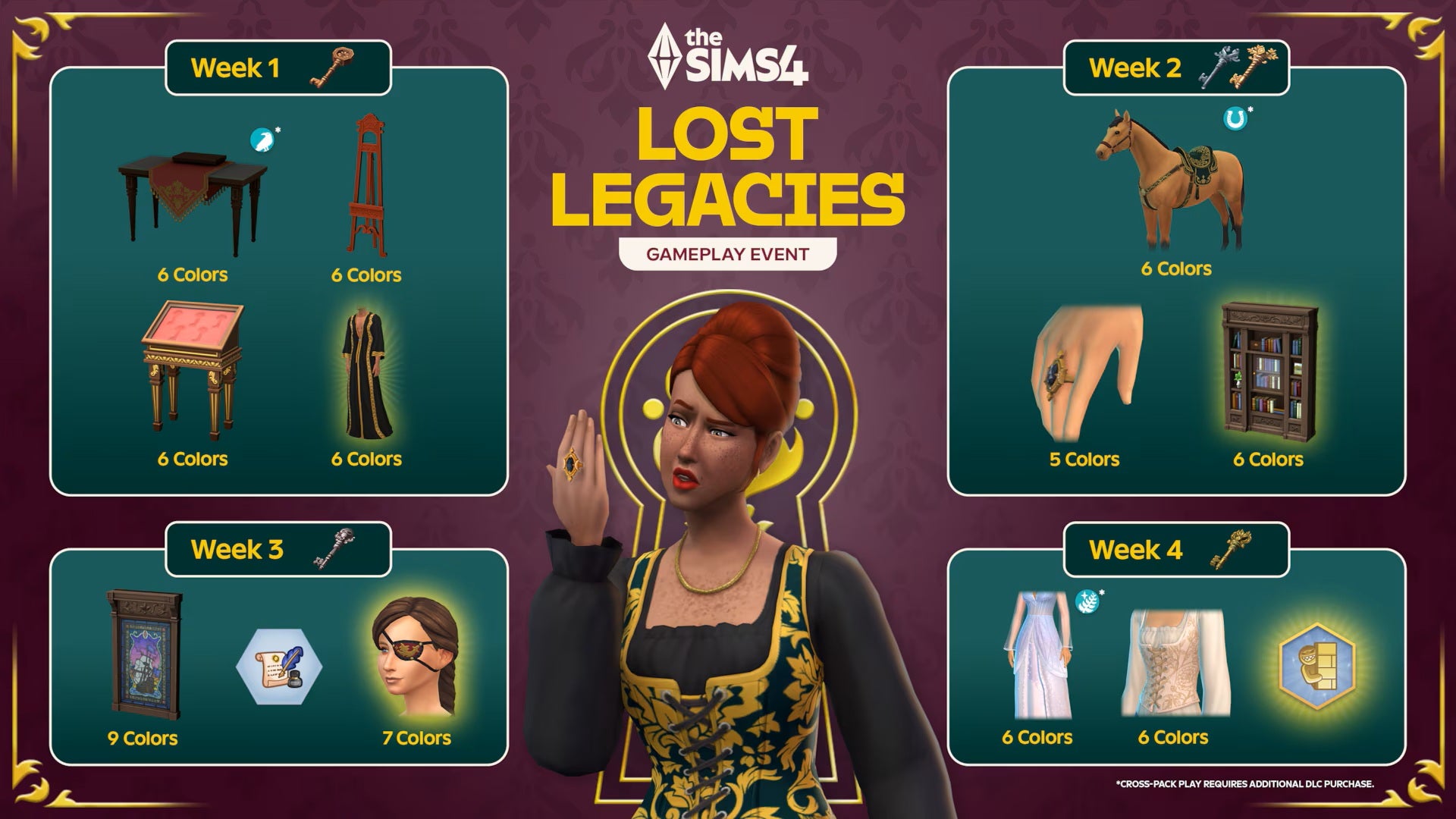 A Sim in royal robes examines the jewels on her hand, while she is surrounded by various luxurious household and cosmetic items that are rewards for the Lost Legacies event in The Sims 4. - 6