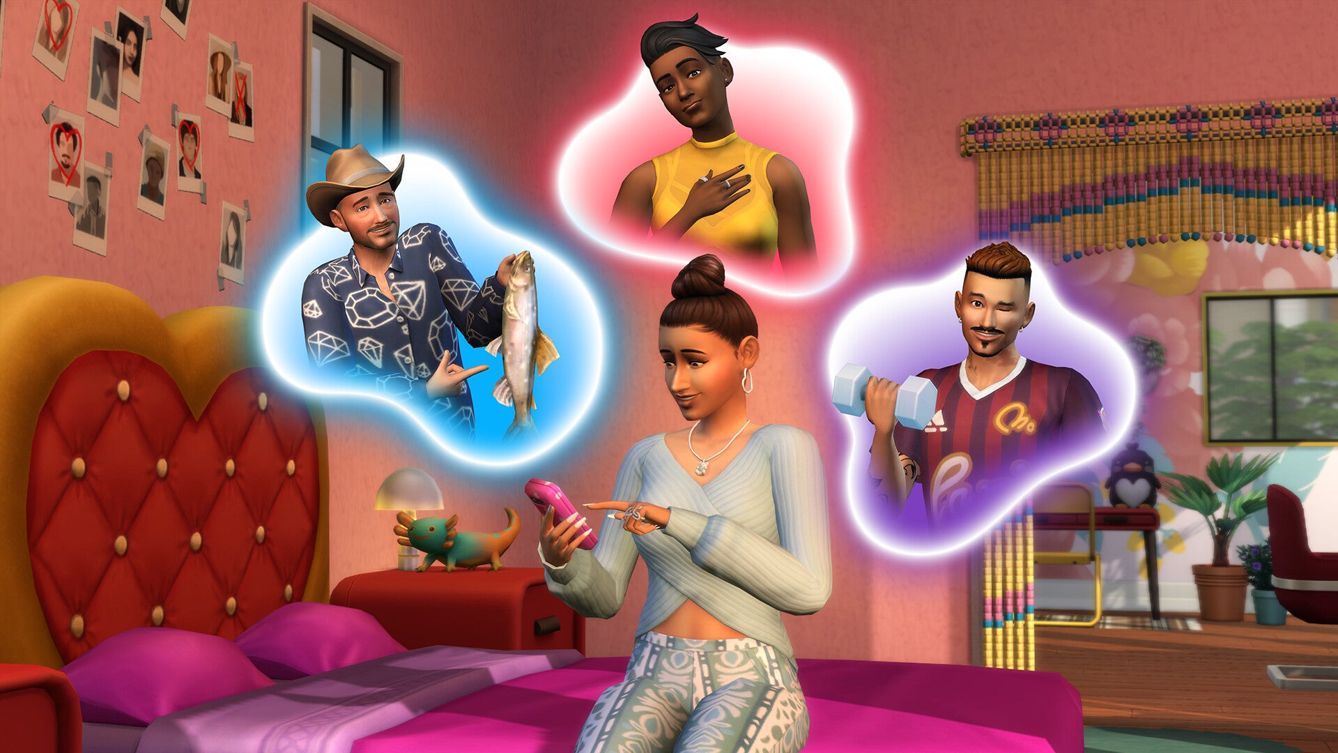 A female Sim in a love-themed bedroom looks at a variety of Sims' profiles (represented by floating bisexually-lit thought bubbles) on a dating app. - 1
