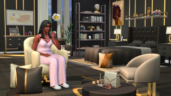 A promotional in-game shot from The Sims 4's Modern Luxe Kit showing a woman sitting in a lavishly decorated lounge, surrounding by decadent furnishings, statues, art, and more.