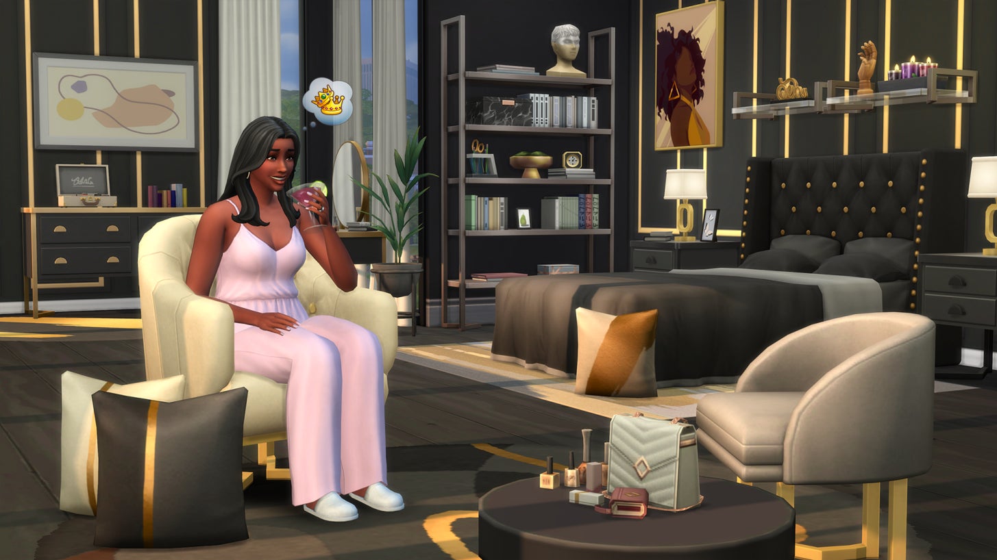 A pistillate   sits successful  her fancy plush flat  successful  The Sims 4.